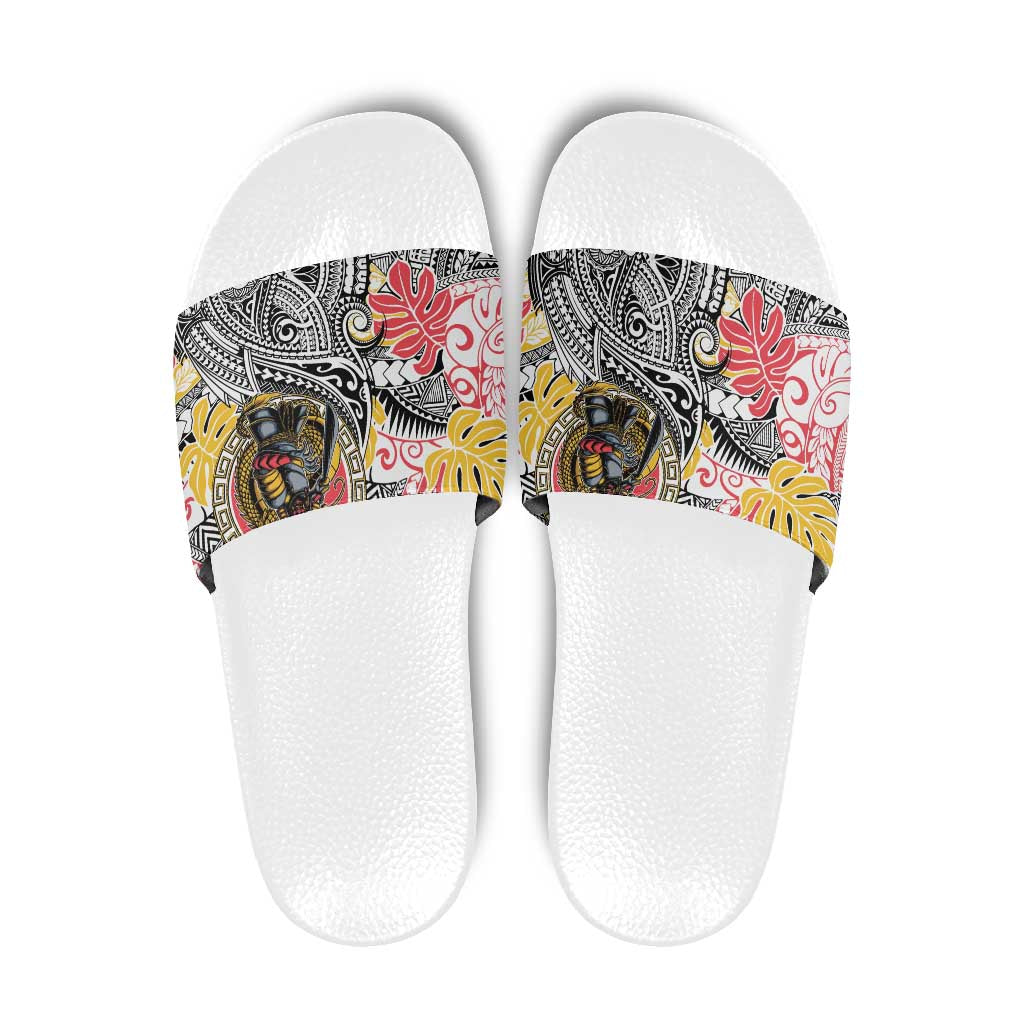 Japanese Samurai Warrior Slide Sandals Colorful Polynesian Tattoo Style - Polynesian Pride