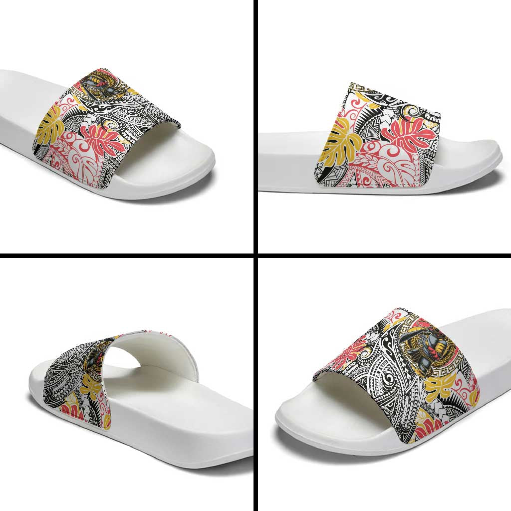 Japanese Samurai Warrior Slide Sandals Colorful Polynesian Tattoo Style - Polynesian Pride