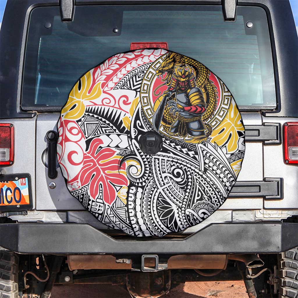 Japanese Samurai Warrior Spare Tire Cover Colorful Polynesian Tattoo Style LT9 White - Polynesian Pride