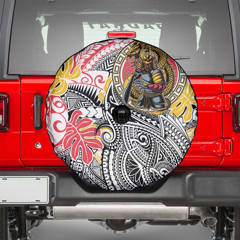 Japanese Samurai Warrior Spare Tire Cover Colorful Polynesian Tattoo Style