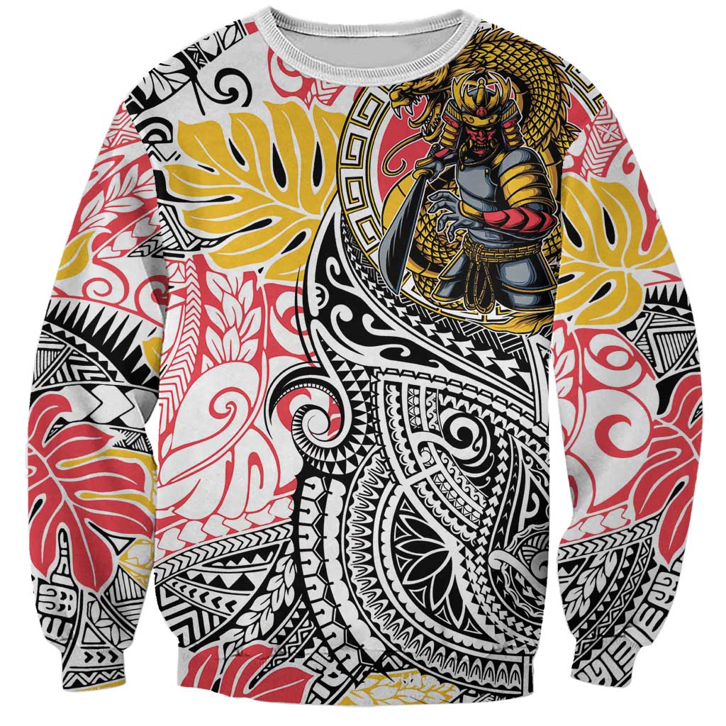 Japanese Samurai Warrior Sweatshirt Colorful Polynesian Tattoo Style