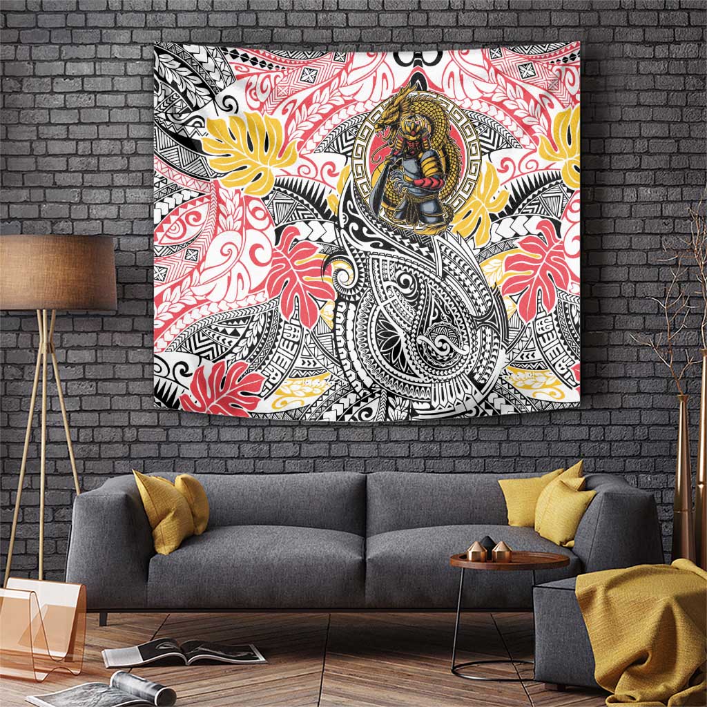 Japanese Samurai Warrior Tapestry Colorful Polynesian Tattoo Style LT9 White - Polynesian Pride