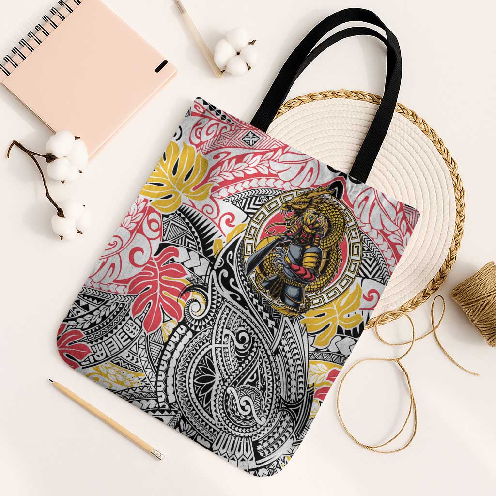 Japanese Samurai Warrior Tote Bag Colorful Polynesian Tattoo Style - Polynesian Pride
