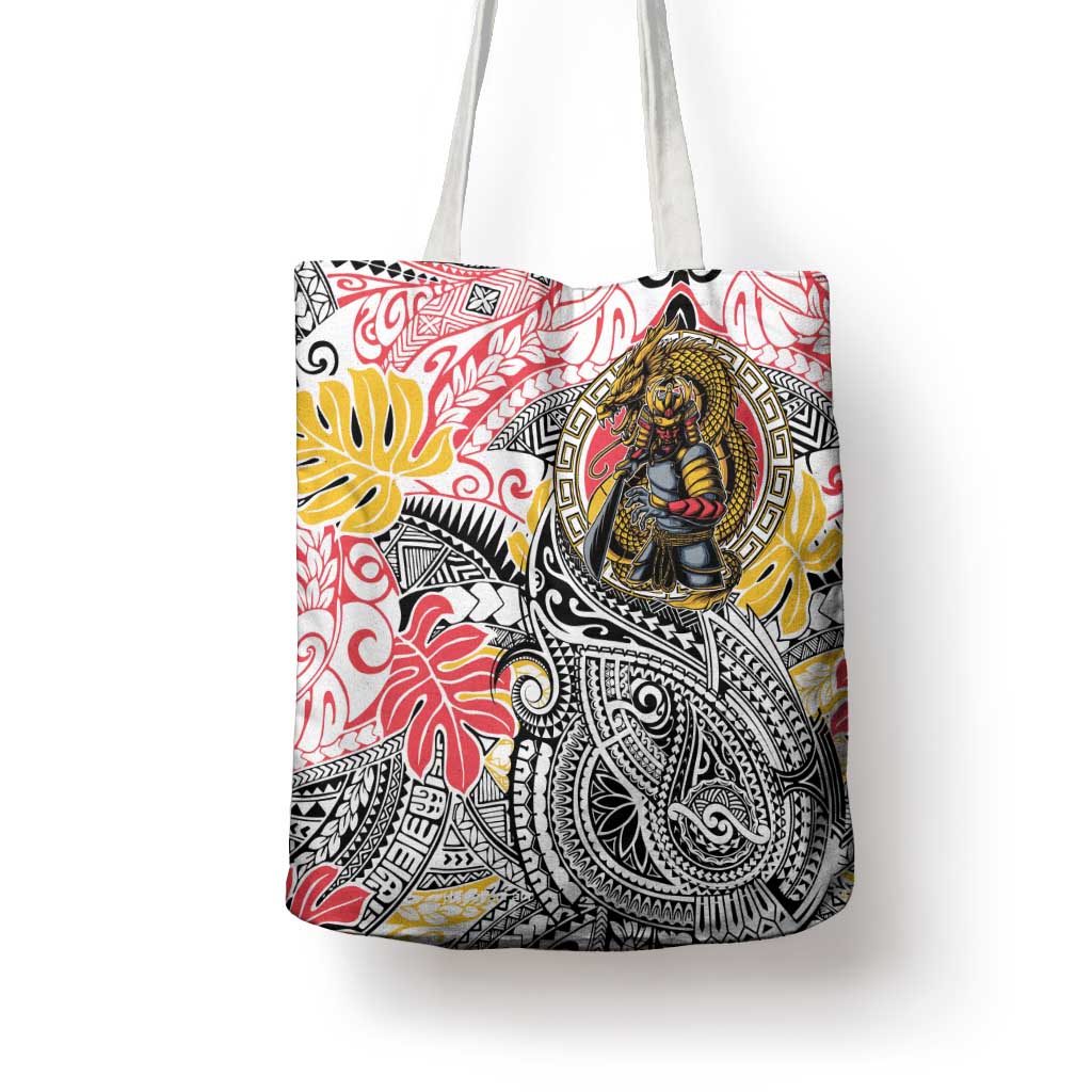 Japanese Samurai Warrior Tote Bag Colorful Polynesian Tattoo Style - Polynesian Pride