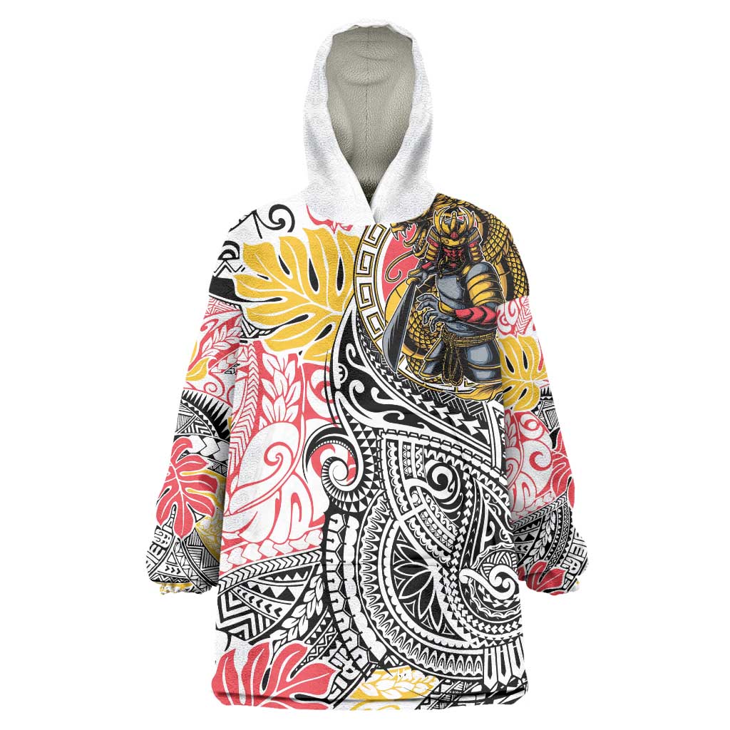Japanese Samurai Warrior Wearable Blanket Hoodie Colorful Polynesian Tattoo Style LT9 One Size White - Polynesian Pride