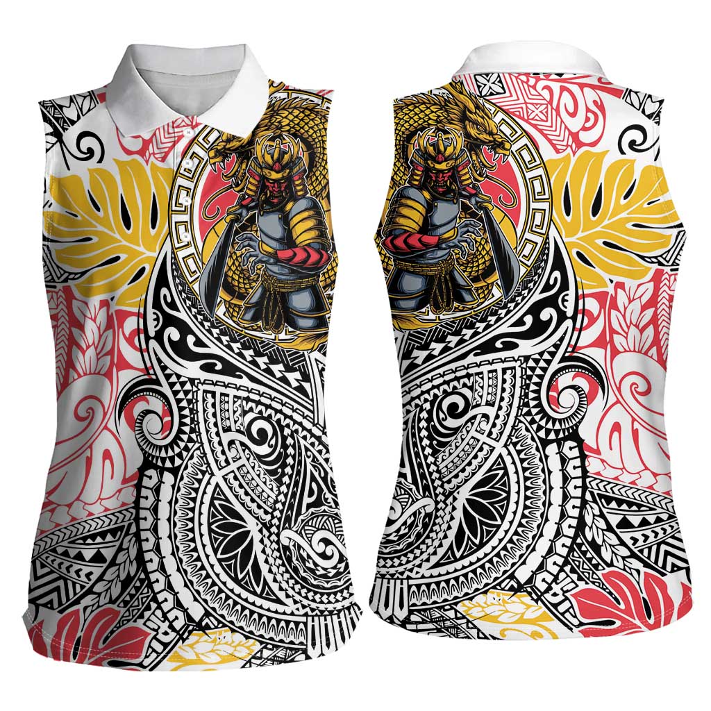 Japanese Samurai Warrior Women Sleeveless Polo Shirt Colorful Polynesian Tattoo Style
