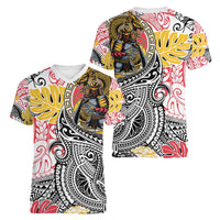 Japanese Samurai Warrior Women V-Neck T-Shirt Colorful Polynesian Tattoo Style