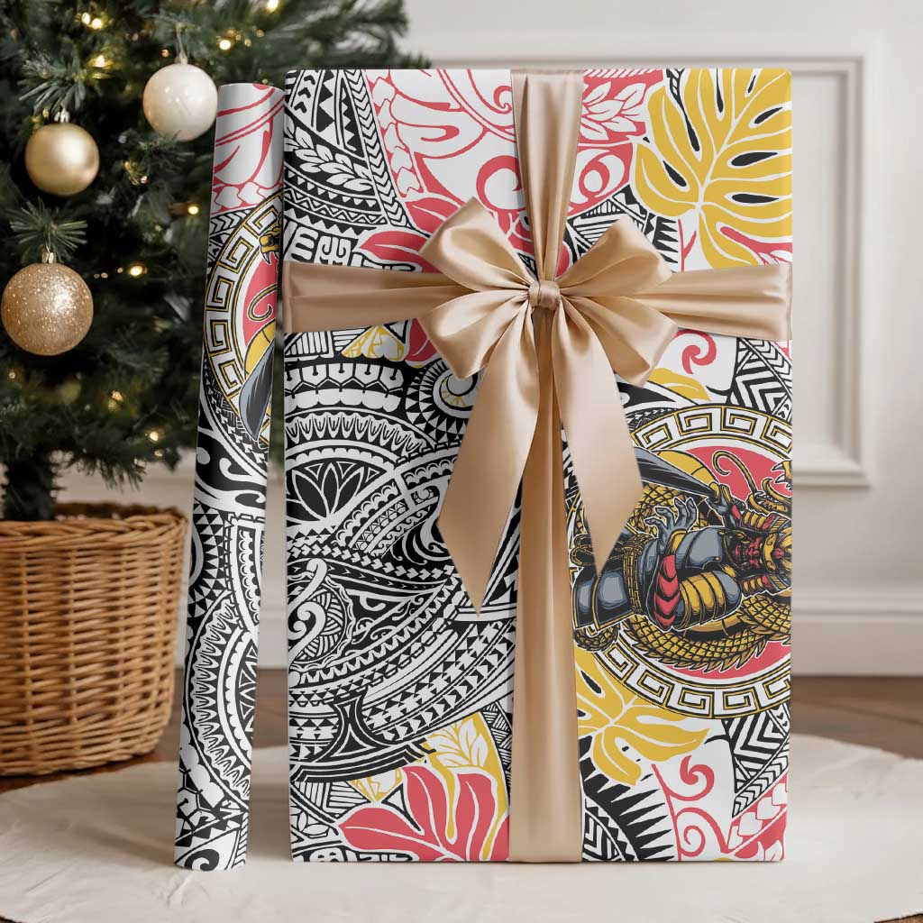 Japanese Samurai Warrior Wrapping Paper Colorful Polynesian Tattoo Style - Polynesian Pride
