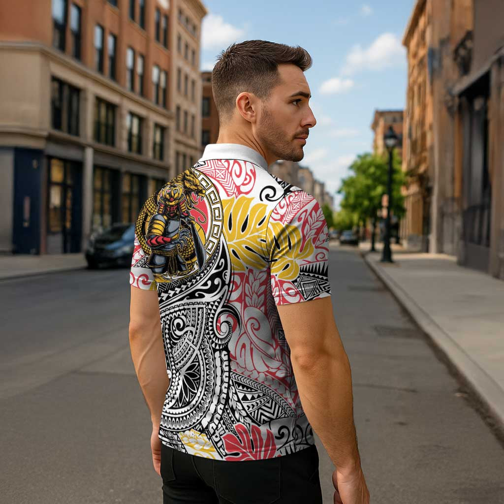 Japanese Samurai Warrior Zipper Polo Shirt Colorful Polynesian Tattoo Style - Polynesian Pride
