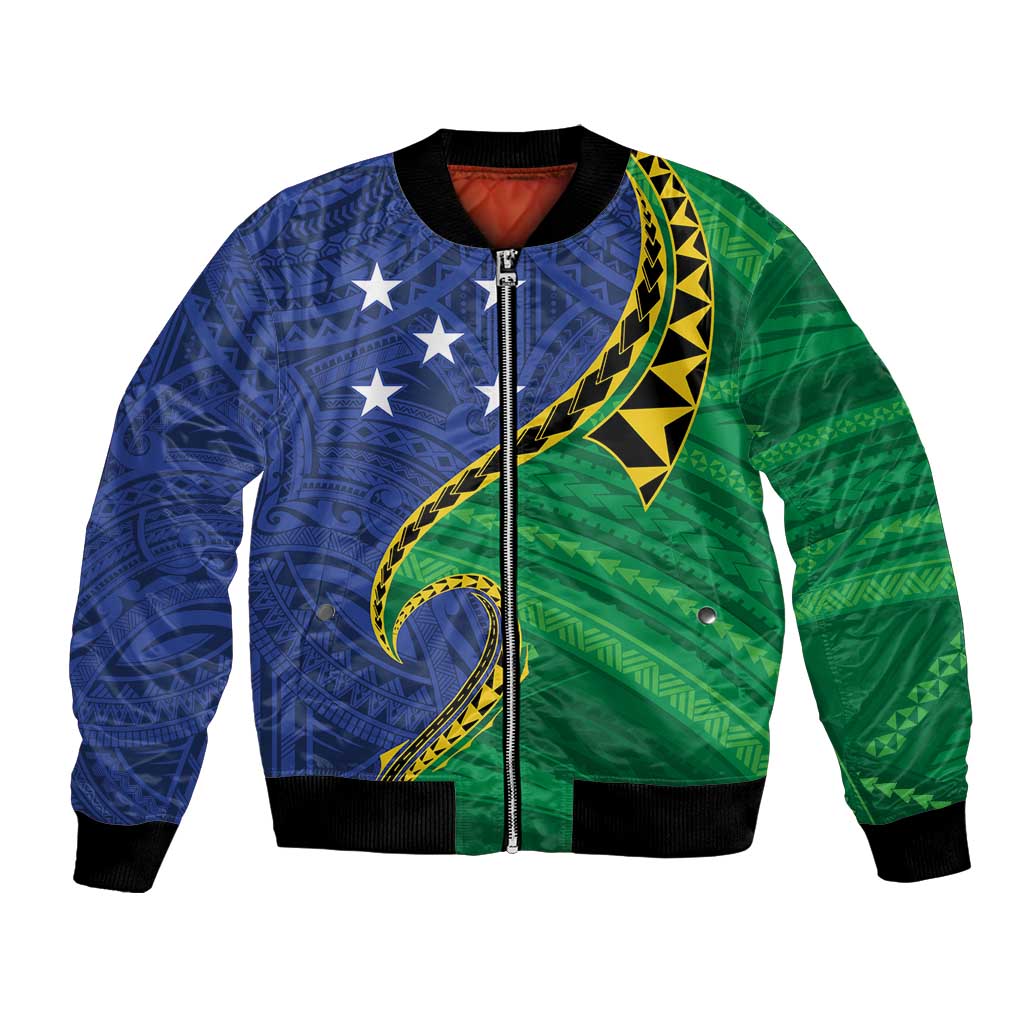 Solomon Islands Independence Day 1978 Personalised Bomber Jacket Polynesian Pattern with Flag Style LT9 Unisex Blue - Polynesian Pride