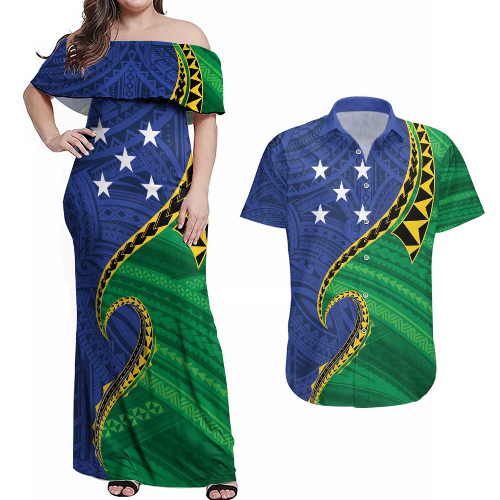 Solomon Islands Independence Day 1978 Personalised Couples Matching Off Shoulder Maxi Dress and Hawaiian Shirt Polynesian Pattern with Flag Style LT9 Blue - Polynesian Pride