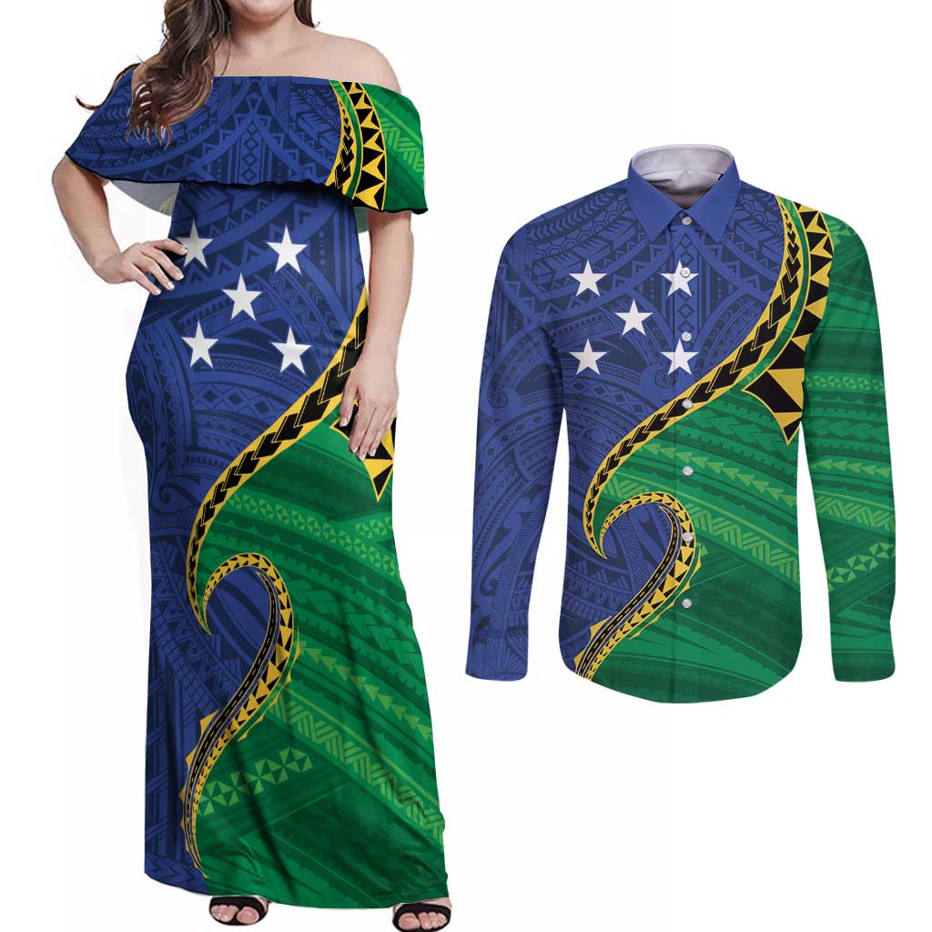 Solomon Islands Independence Day 1978 Personalised Couples Matching Off Shoulder Maxi Dress and Long Sleeve Button Shirt Polynesian Pattern with Flag Style