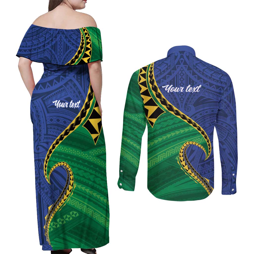 Solomon Islands Independence Day 1978 Personalised Couples Matching Off Shoulder Maxi Dress and Long Sleeve Button Shirt Polynesian Pattern with Flag Style