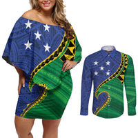 Solomon Islands Independence Day 1978 Personalised Couples Matching Off Shoulder Short Dress and Long Sleeve Button Shirt Polynesian Pattern with Flag Style
