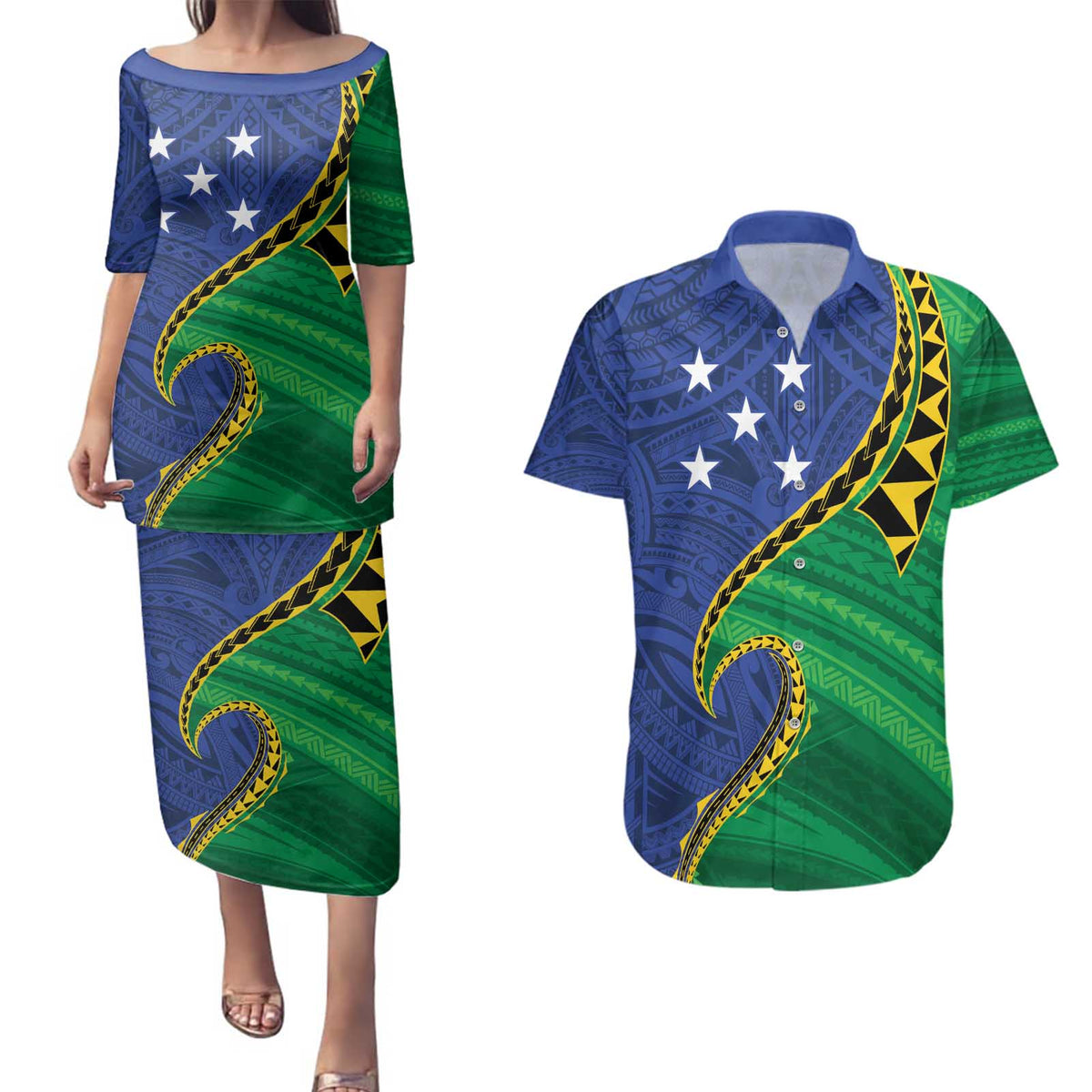 Solomon Islands Independence Day 1978 Personalised Couples Matching Puletasi and Hawaiian Shirt Polynesian Pattern with Flag Style LT9 Blue - Polynesian Pride