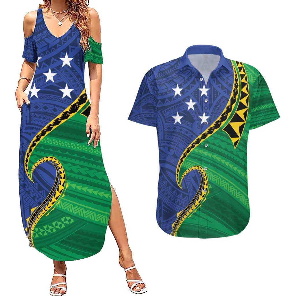 Solomon Islands Independence Day 1978 Personalised Couples Matching Summer Maxi Dress and Hawaiian Shirt Polynesian Pattern with Flag Style LT9 Blue - Polynesian Pride