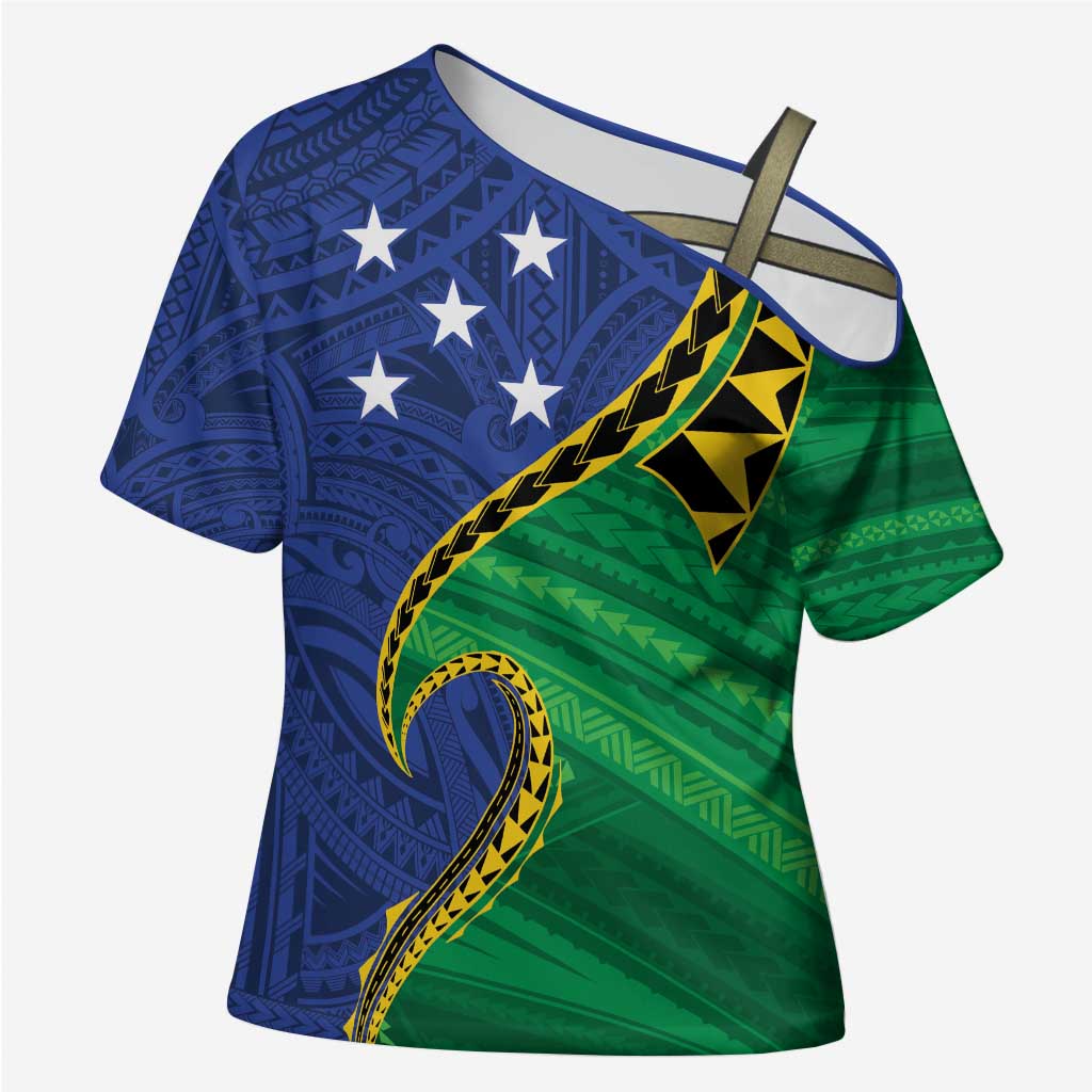 Solomon Islands Independence Day 1978 Personalised Cross Shoulder Shirt Polynesian Pattern with Flag Style - Polynesian Pride
