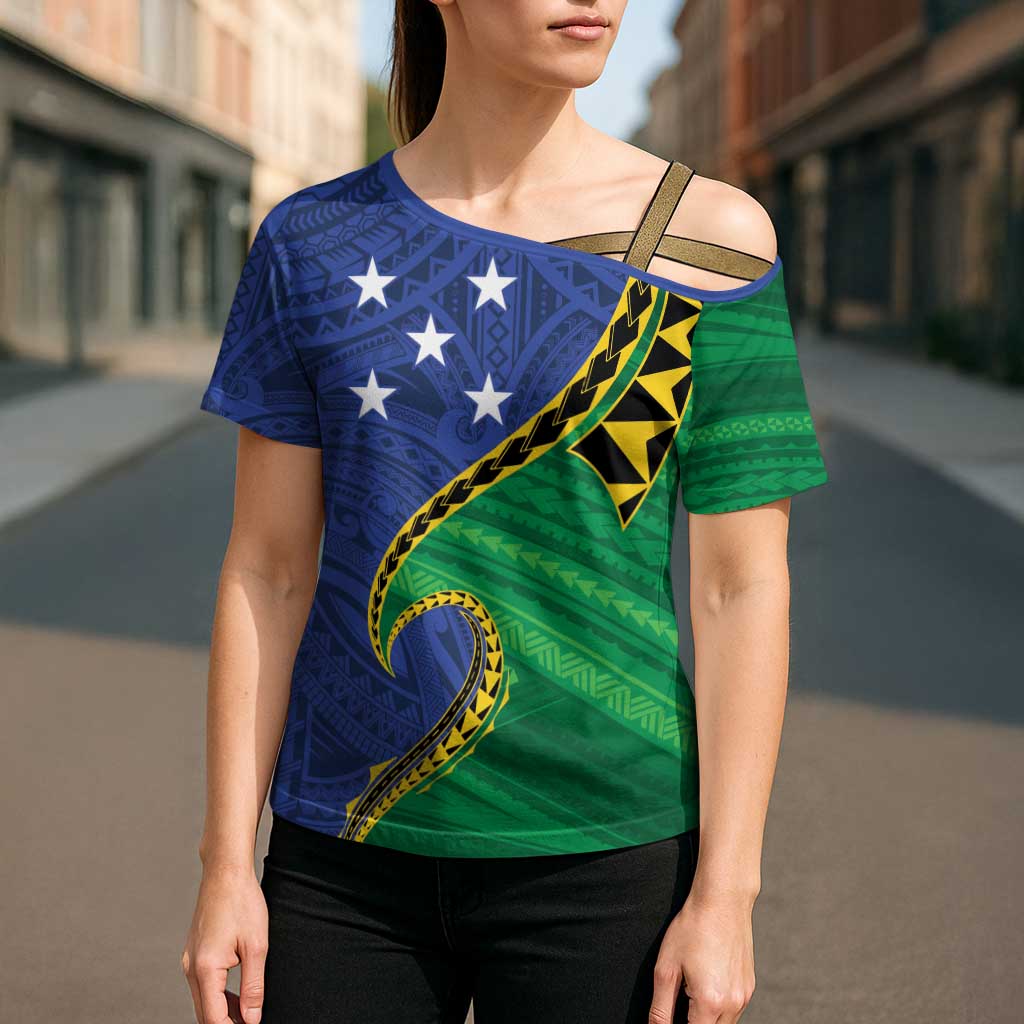 Solomon Islands Independence Day 1978 Personalised Cross Shoulder Shirt Polynesian Pattern with Flag Style - Polynesian Pride