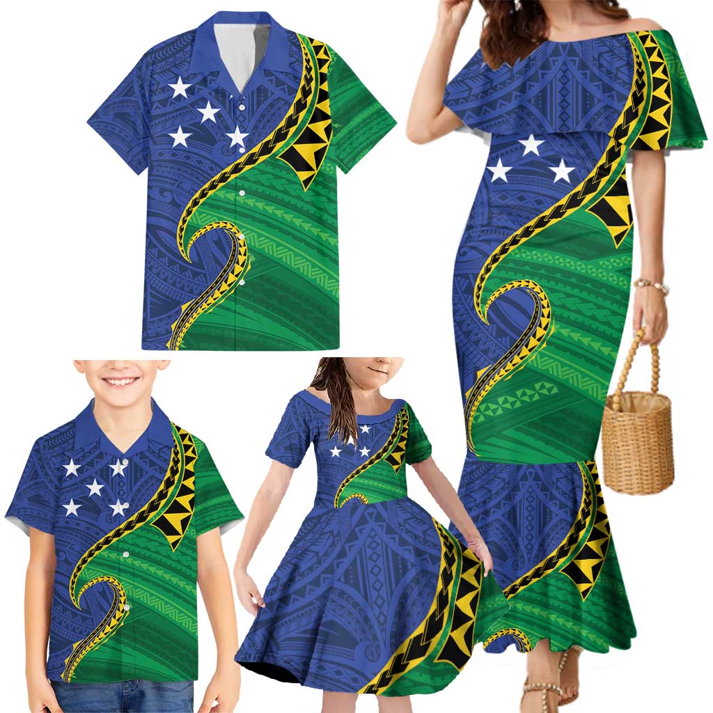 Solomon Islands Independence Day 1978 Personalised Family Matching Mermaid Dress and Hawaiian Shirt Polynesian Pattern with Flag Style