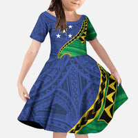 Solomon Islands Independence Day 1978 Personalised Family Matching Off The Shoulder Long Sleeve Dress and Hawaiian Shirt Polynesian Pattern with Flag Style