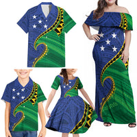Solomon Islands Independence Day 1978 Personalised Family Matching Off Shoulder Maxi Dress and Hawaiian Shirt Polynesian Pattern with Flag Style