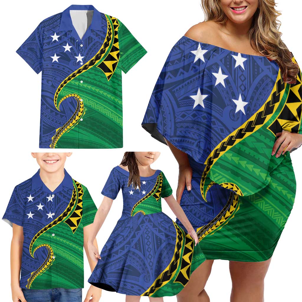 Solomon Islands Independence Day 1978 Personalised Family Matching Off Shoulder Short Dress and Hawaiian Shirt Polynesian Pattern with Flag Style