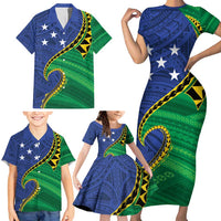 Solomon Islands Independence Day 1978 Personalised Family Matching Short Sleeve Bodycon Dress and Hawaiian Shirt Polynesian Pattern with Flag Style