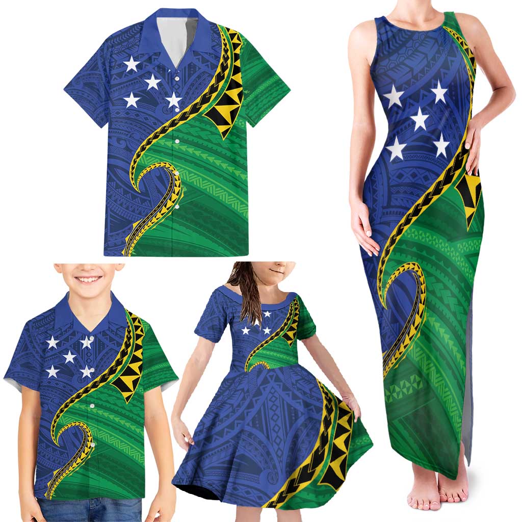 Solomon Islands Independence Day 1978 Personalised Family Matching Tank Maxi Dress and Hawaiian Shirt Polynesian Pattern with Flag Style
