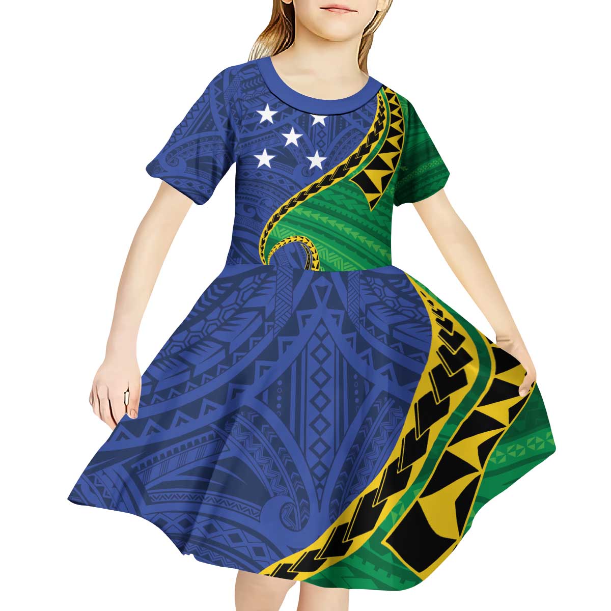 Solomon Islands Independence Day 1978 Personalised Kid Short Sleeve Dress Polynesian Pattern with Flag Style