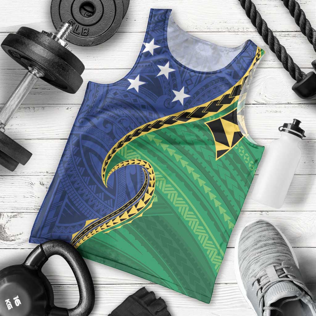 Solomon Islands Independence Day 1978 Personalised Men Tank Top Polynesian Pattern with Flag Style