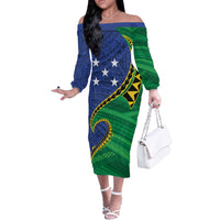 Solomon Islands Independence Day 1978 Personalised Off The Shoulder Long Sleeve Dress Polynesian Pattern with Flag Style