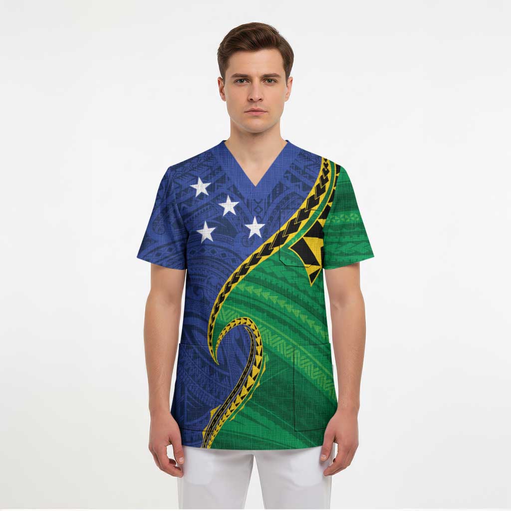 Solomon Islands Independence Day 1978 Personalised Scrub Top Polynesian Pattern with Flag Style - Polynesian Pride