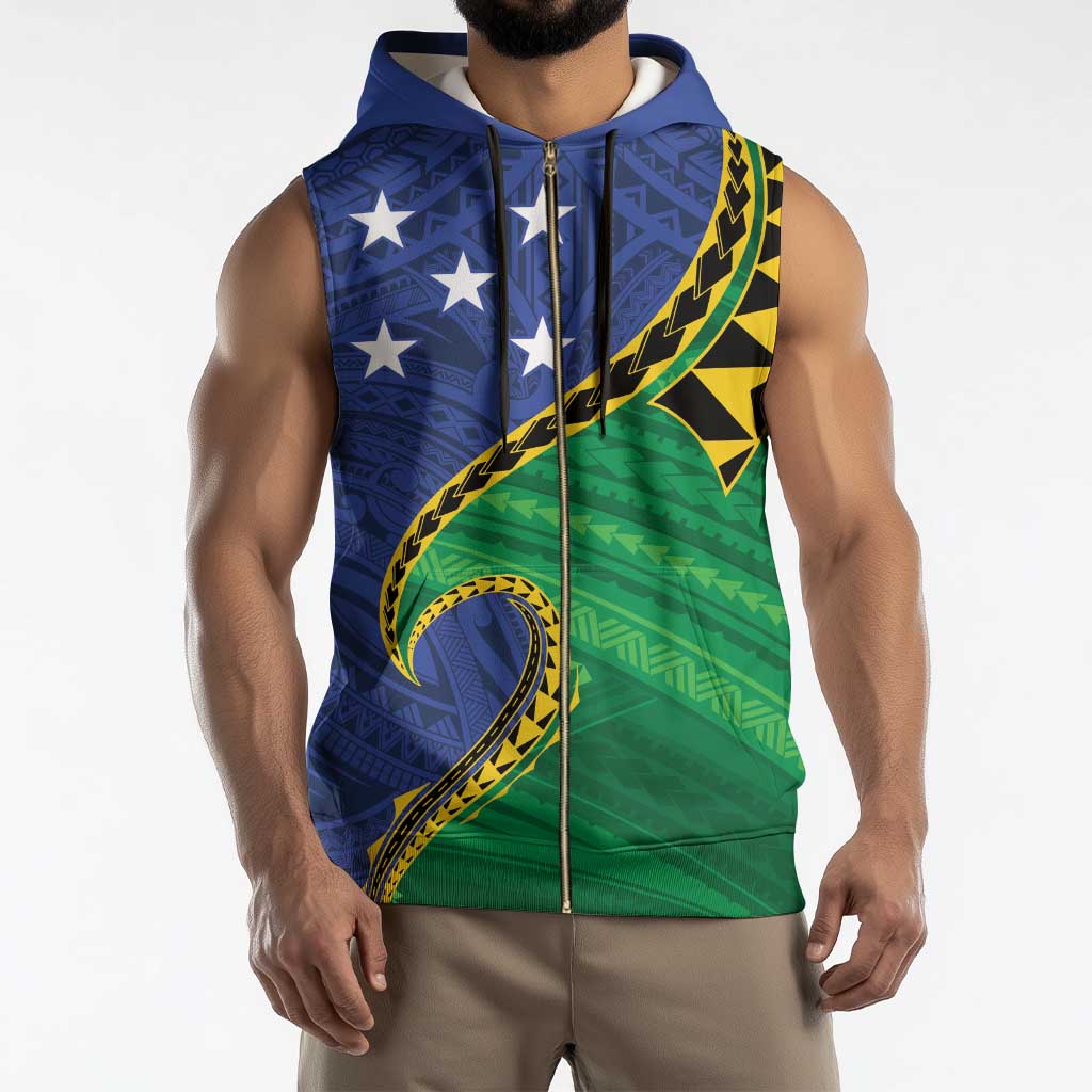 Solomon Islands Independence Day 1978 Personalised Sleeveless Zip Hoodie Polynesian Pattern with Flag Style - Polynesian Pride