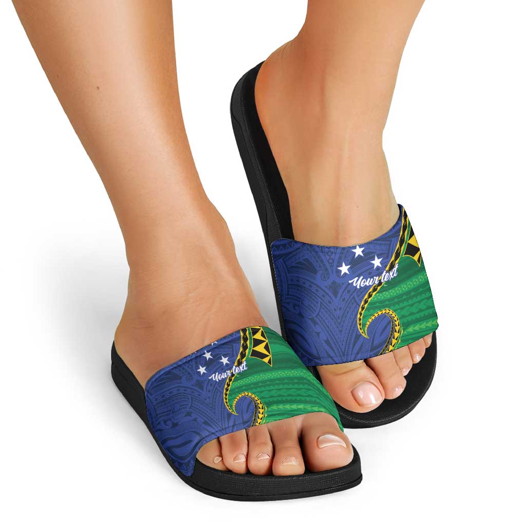 Solomon Islands Independence Day 1978 Personalised Slide Sandals Polynesian Pattern with Flag Style - Polynesian Pride