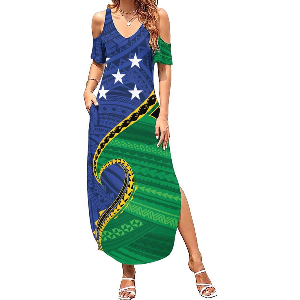 Solomon Islands Independence Day 1978 Personalised Summer Maxi Dress Polynesian Pattern with Flag Style