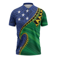 Solomon Islands Independence Day 1978 Personalised Zipper Polo Shirt Polynesian Pattern with Flag Style LT9 Blue - Polynesian Pride