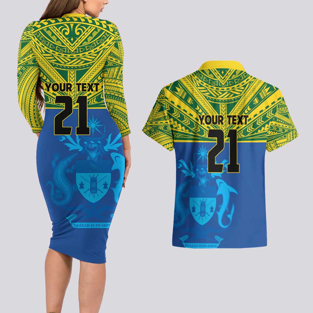 Solomon Islands Rugby Custom Couples Matching Long Sleeve Bodycon Dress and Hawaiian Shirt Simple Coat of arm Polynesian Pattern