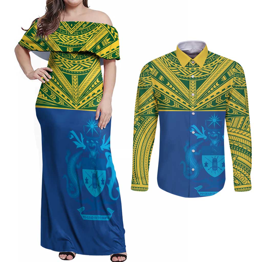 Solomon Islands Rugby Custom Couples Matching Off Shoulder Maxi Dress and Long Sleeve Button Shirt Simple Coat of arm Polynesian Pattern
