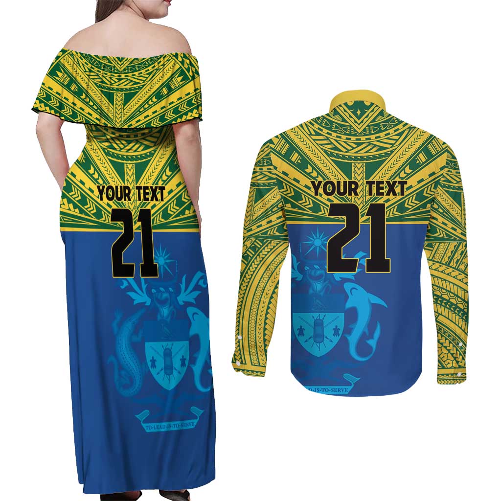 Solomon Islands Rugby Custom Couples Matching Off Shoulder Maxi Dress and Long Sleeve Button Shirt Simple Coat of arm Polynesian Pattern
