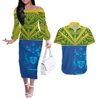 Solomon Islands Rugby Custom Couples Matching Off The Shoulder Long Sleeve Dress and Hawaiian Shirt Simple Coat of arm Polynesian Pattern