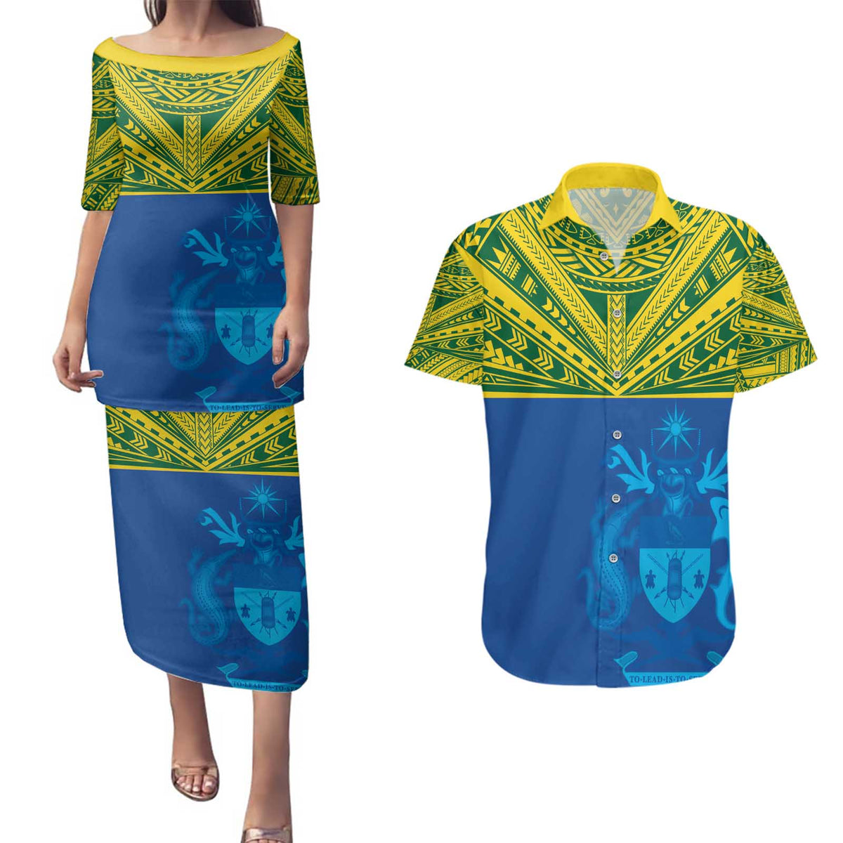 Solomon Islands Rugby Custom Couples Matching Puletasi and Hawaiian Shirt Simple Coat of arm Polynesian Pattern LT9 Gold - Polynesian Pride
