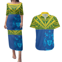 Solomon Islands Rugby Custom Couples Matching Puletasi and Hawaiian Shirt Simple Coat of arm Polynesian Pattern LT9 Gold - Polynesian Pride