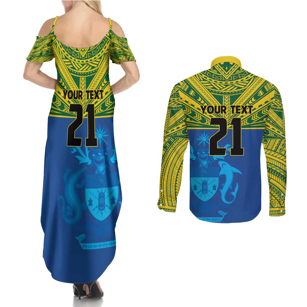Solomon Islands Rugby Custom Couples Matching Summer Maxi Dress and Long Sleeve Button Shirt Simple Coat of arm Polynesian Pattern