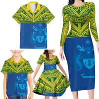 Solomon Islands Rugby Custom Family Matching Long Sleeve Bodycon Dress and Hawaiian Shirt Simple Coat of arm Polynesian Pattern