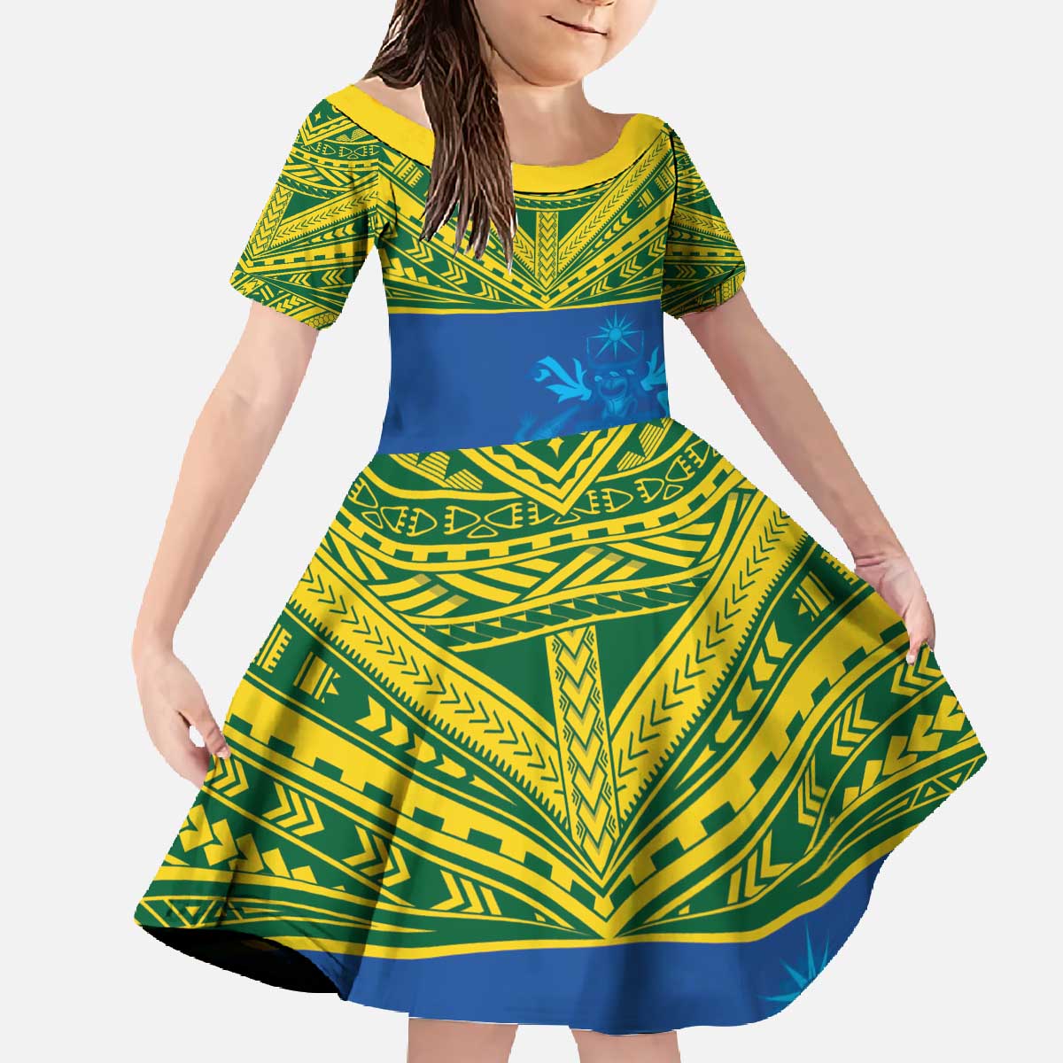 Solomon Islands Rugby Custom Family Matching Off The Shoulder Long Sleeve Dress and Hawaiian Shirt Simple Coat of arm Polynesian Pattern