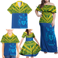 Solomon Islands Rugby Custom Family Matching Off Shoulder Maxi Dress and Hawaiian Shirt Simple Coat of arm Polynesian Pattern