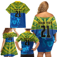 Solomon Islands Rugby Custom Family Matching Off Shoulder Short Dress and Hawaiian Shirt Simple Coat of arm Polynesian Pattern