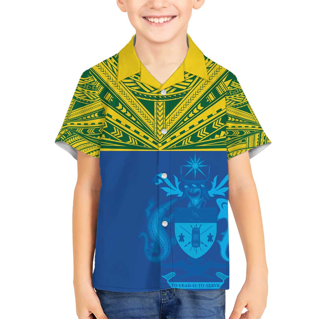Solomon Islands Rugby Custom Family Matching Puletasi and Hawaiian Shirt Simple Coat of arm Polynesian Pattern LT9 Son's Shirt Gold - Polynesian Pride