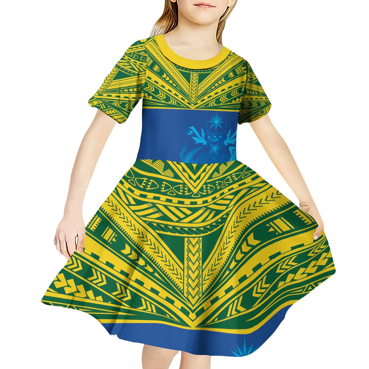 Solomon Islands Rugby Custom Kid Short Sleeve Dress Simple Coat of arm Polynesian Pattern