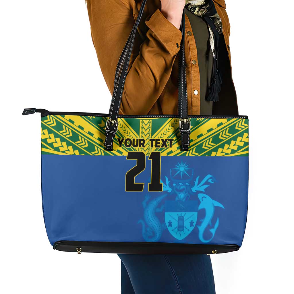 Solomon Islands Rugby Custom Leather Tote Bag Simple Coat of arm Polynesian Pattern